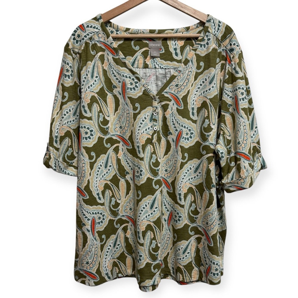 Chico’s Paisley Print V-Neck Button Detail Short Sleeves Blouse XXL